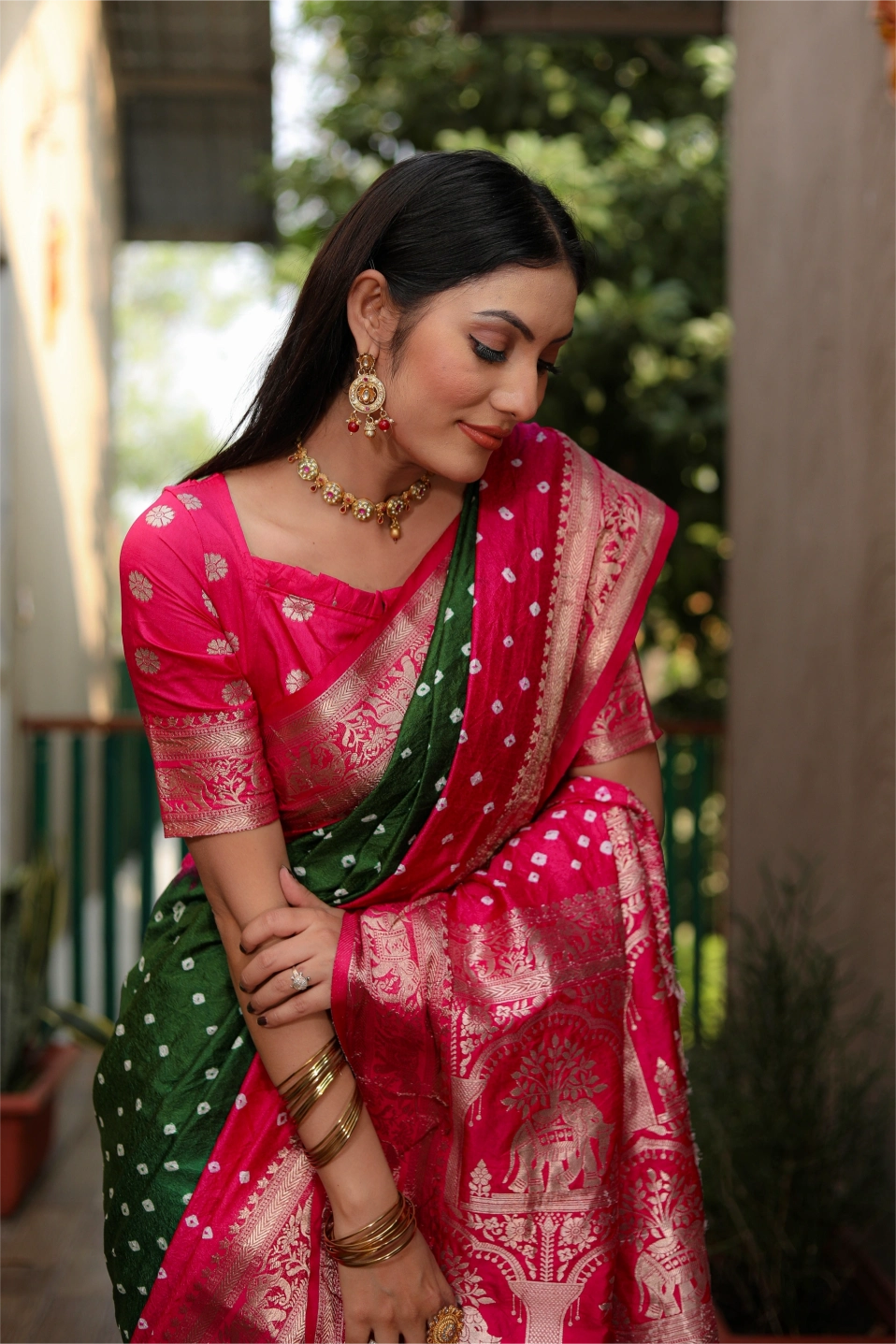 Meher Bandhej Pink and Green