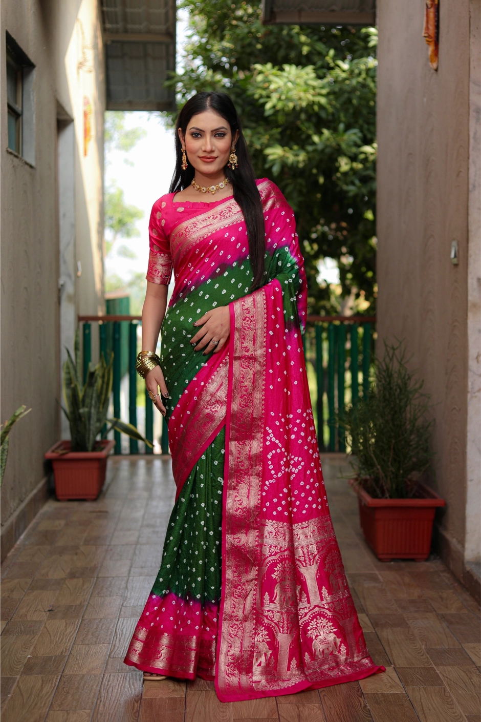 Meher Bandhej Pink and Green