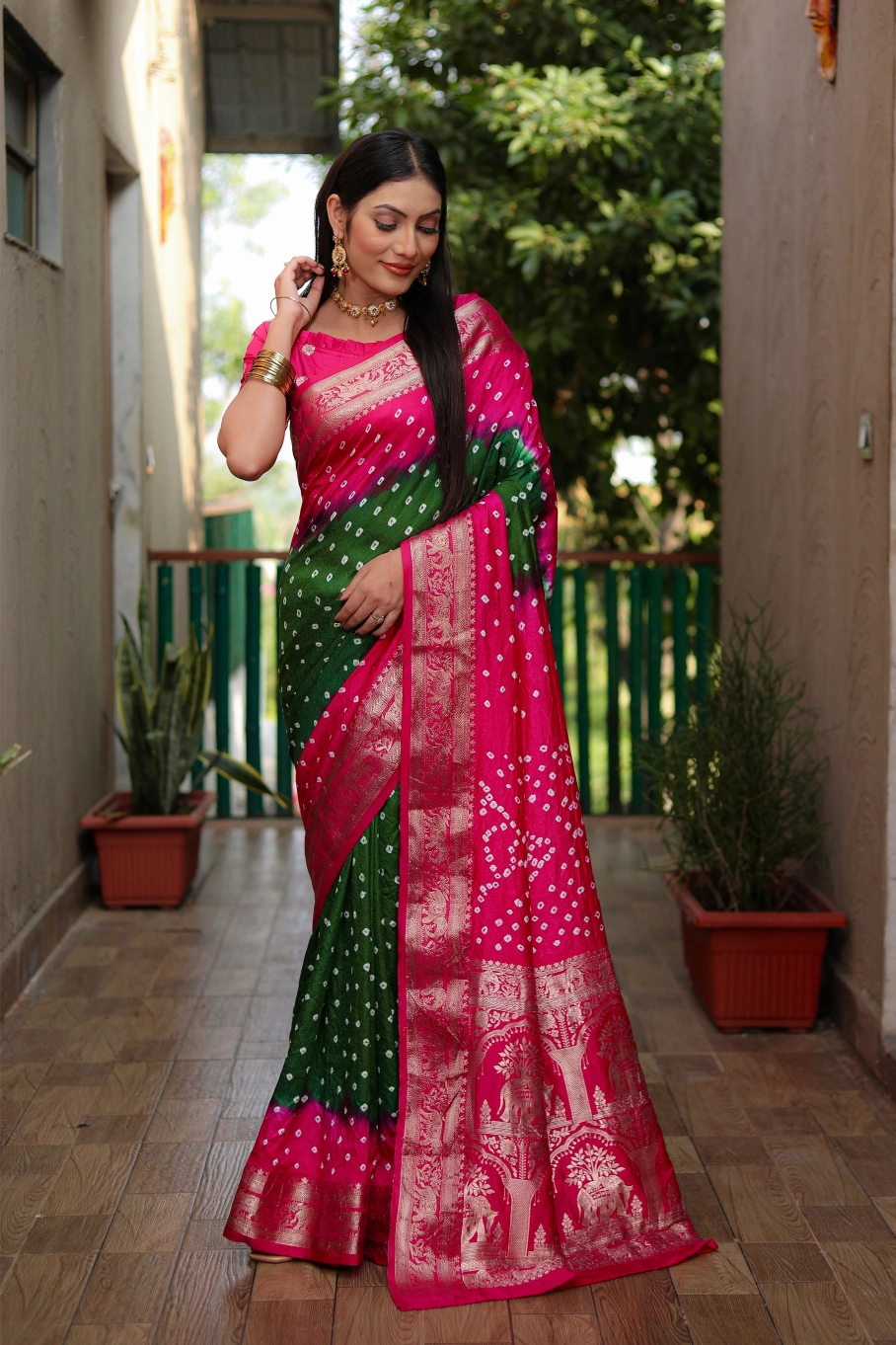 Meher Bandhej Pink and Green