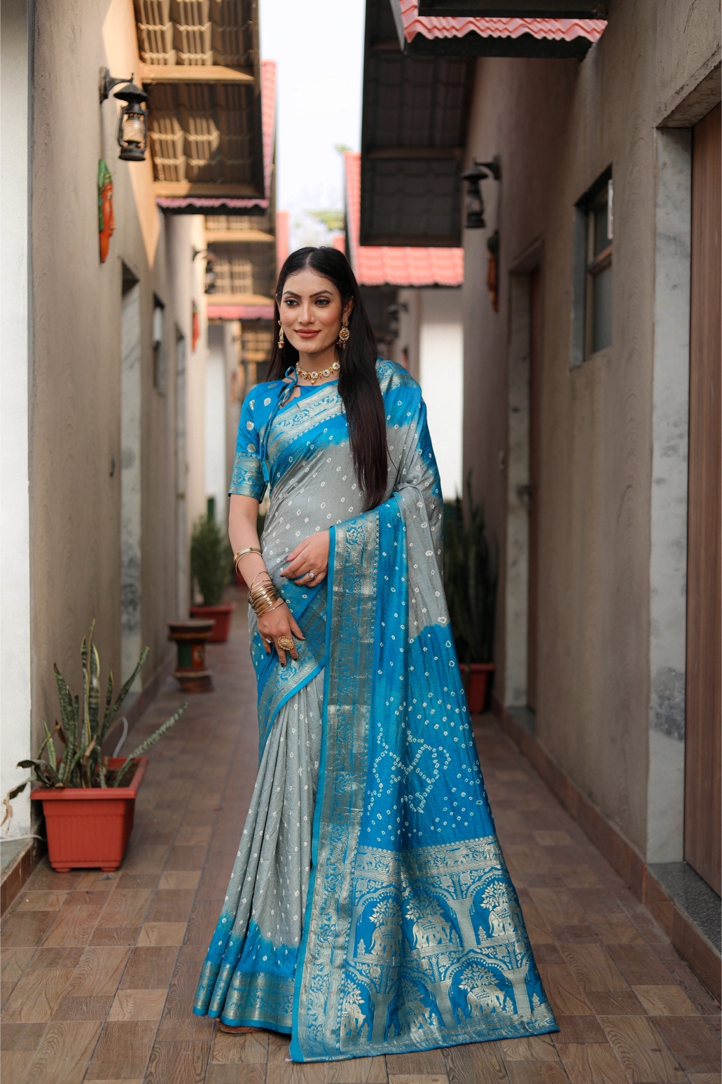 Meher Bandhej Grey and Blue