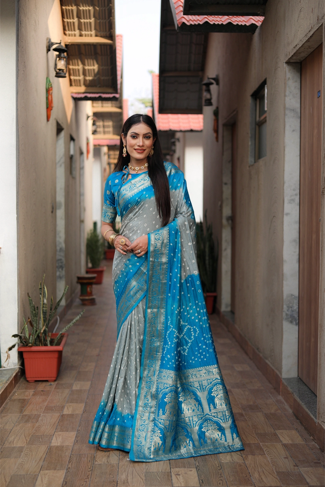 Meher Bandhej Grey and Blue