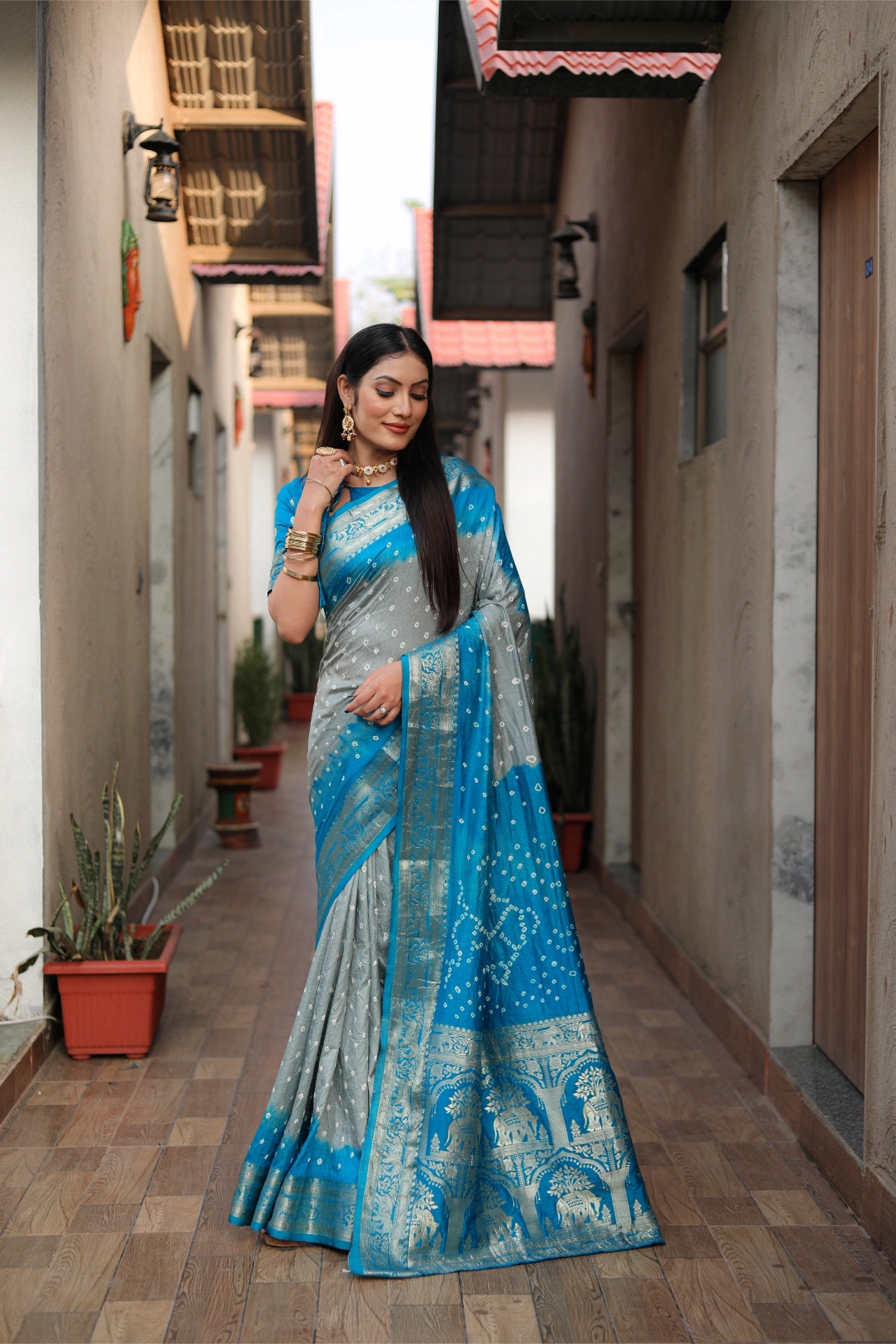 Meher Bandhej Grey and Blue