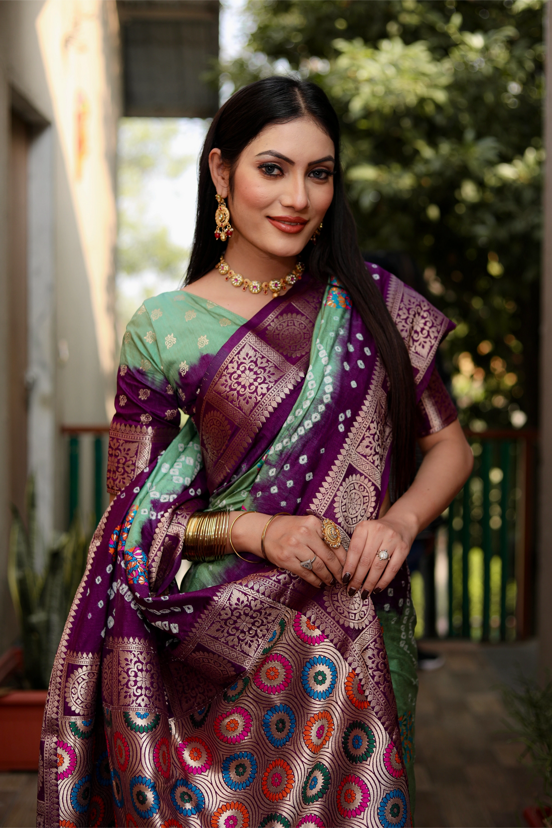 Rangriti Bandhej Mint Green with Purple