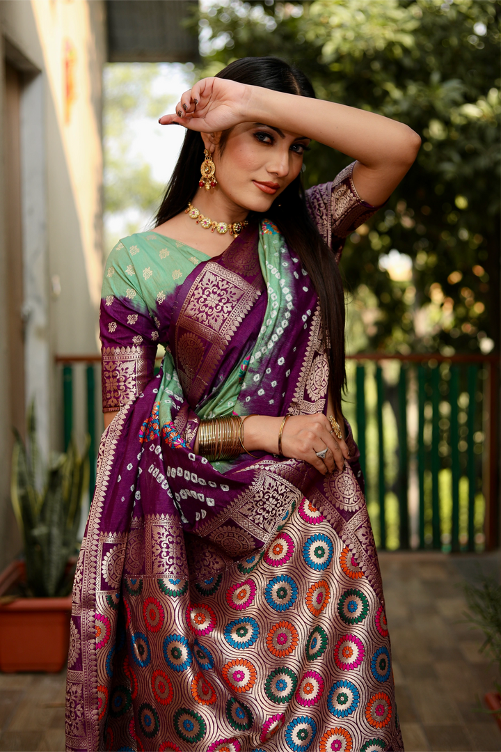 Rangriti Bandhej Mint Green with Purple