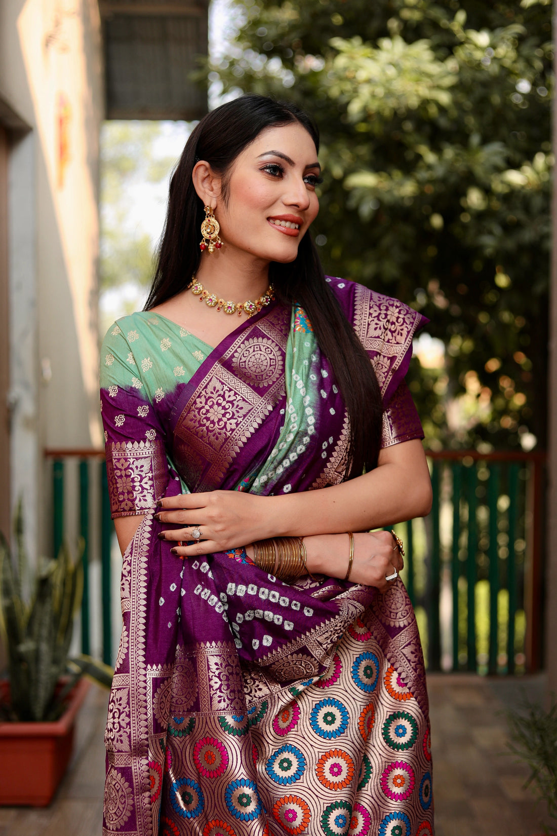 Rangriti Bandhej Mint Green with Purple