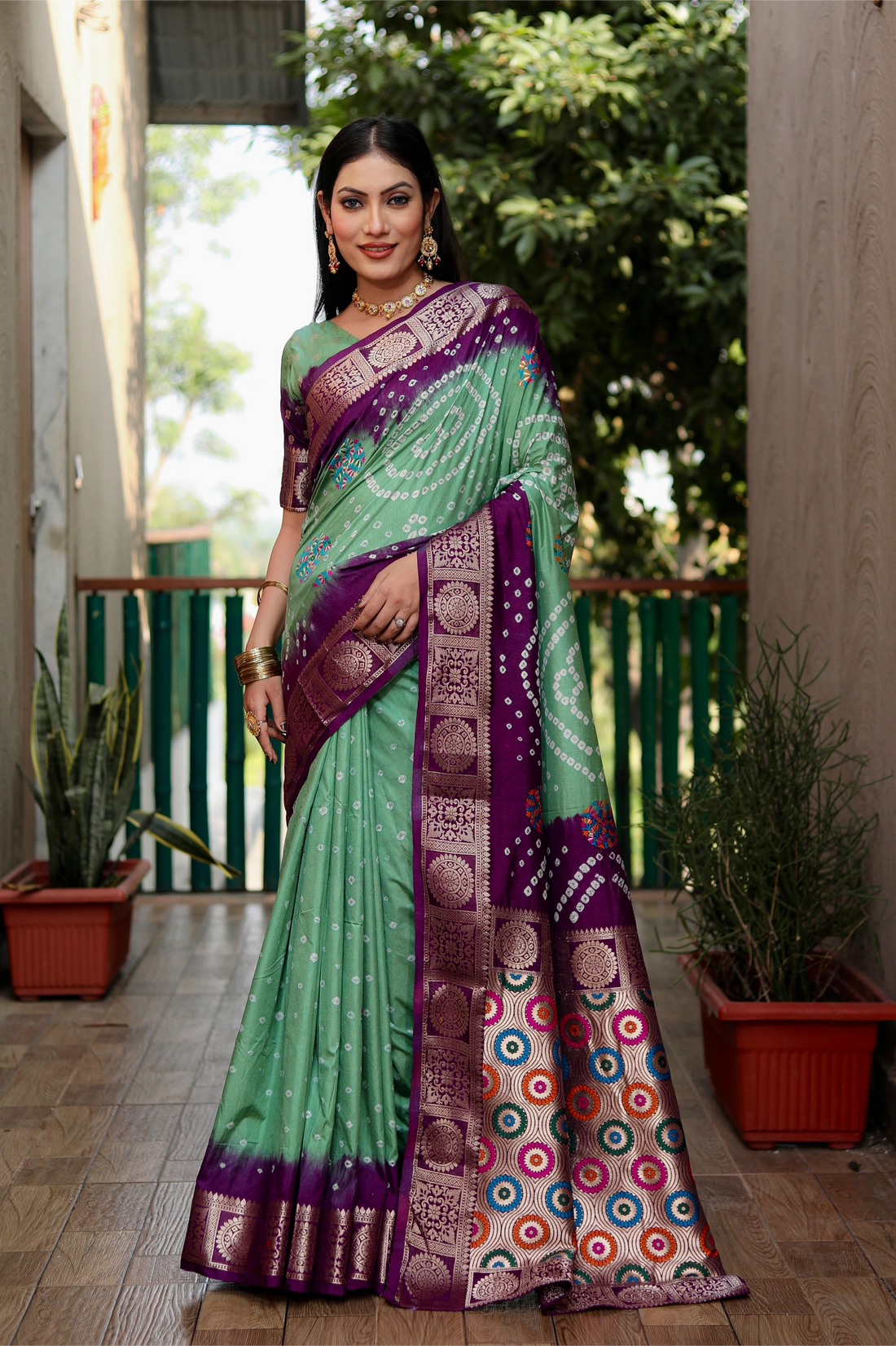 Rangriti Bandhej Mint Green with Purple