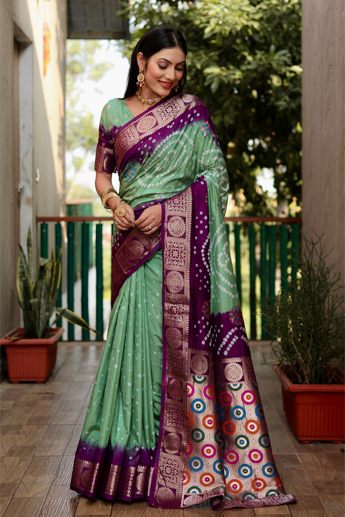 Rangriti Bandhej Mint Green with Purple