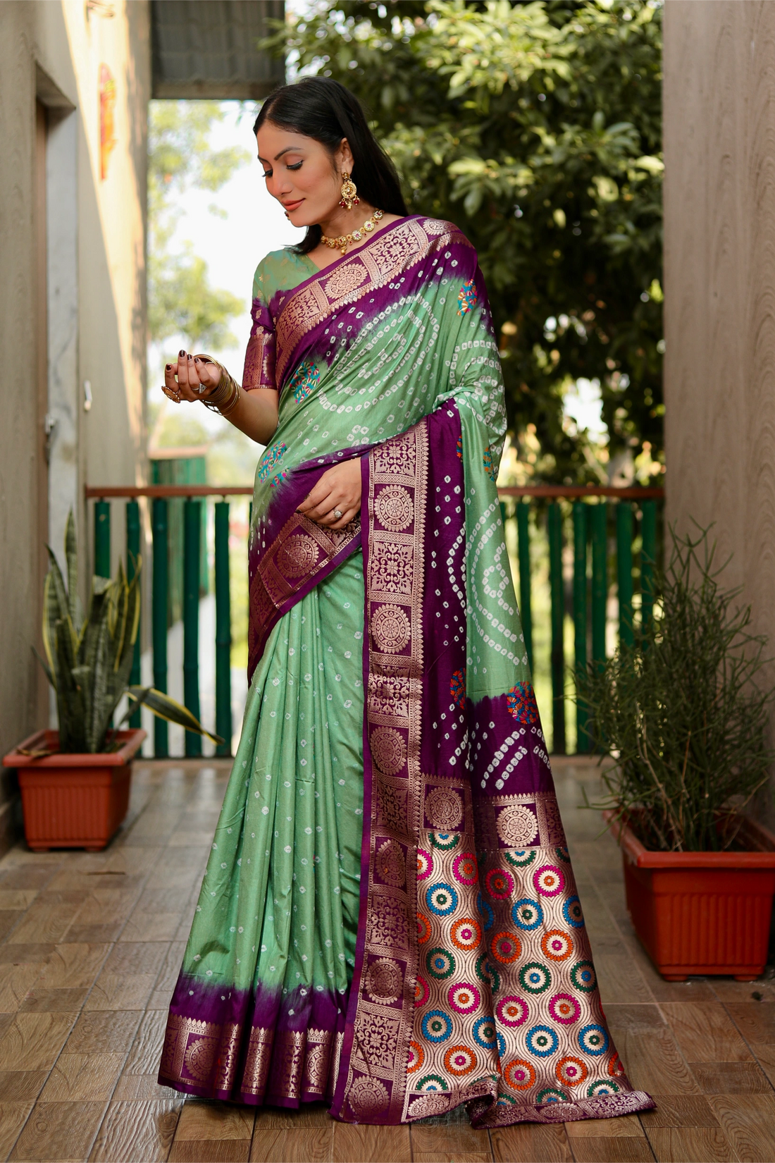 Rangriti Bandhej Mint Green with Purple