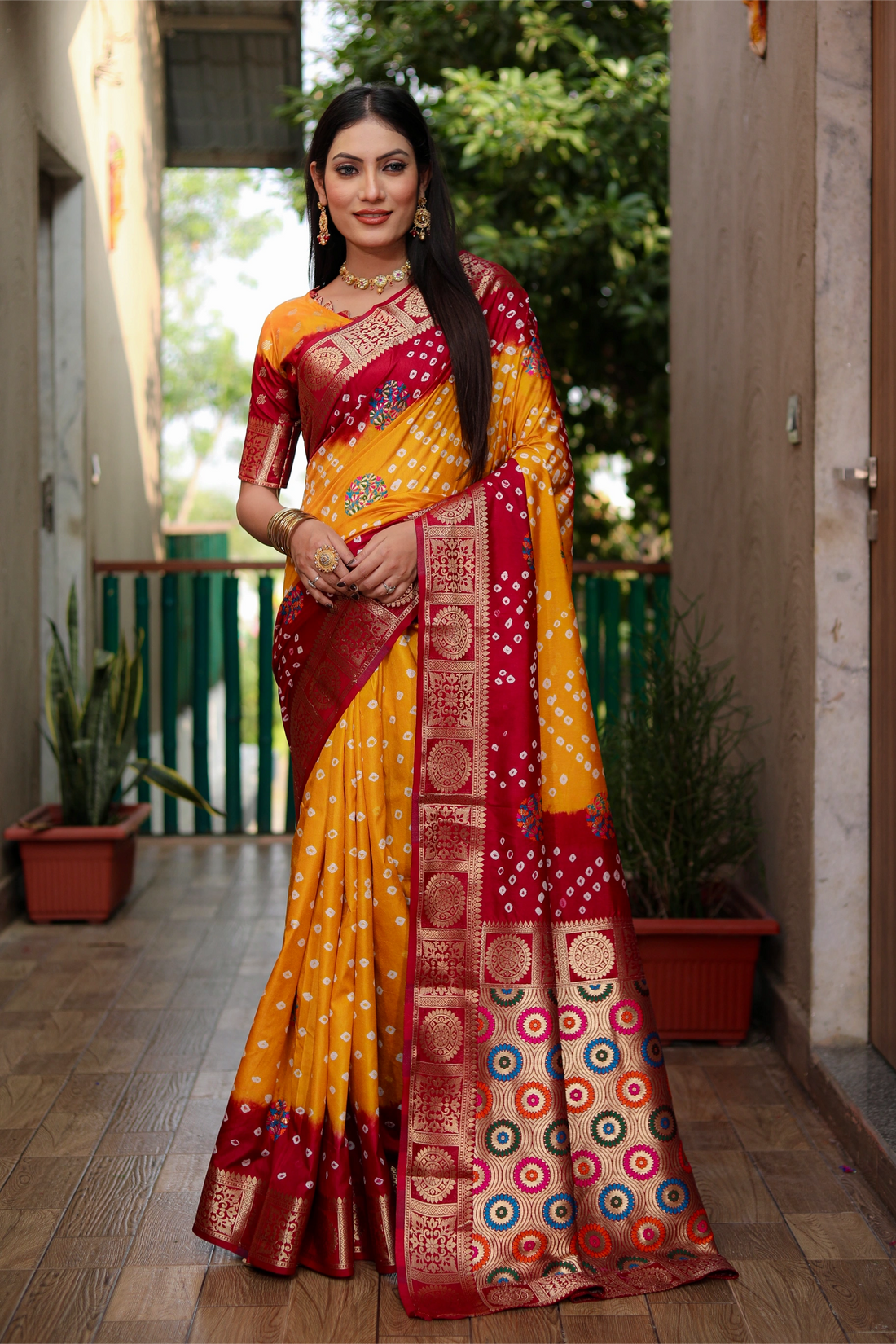 Rangriti Bandhej Yellow and Maroon