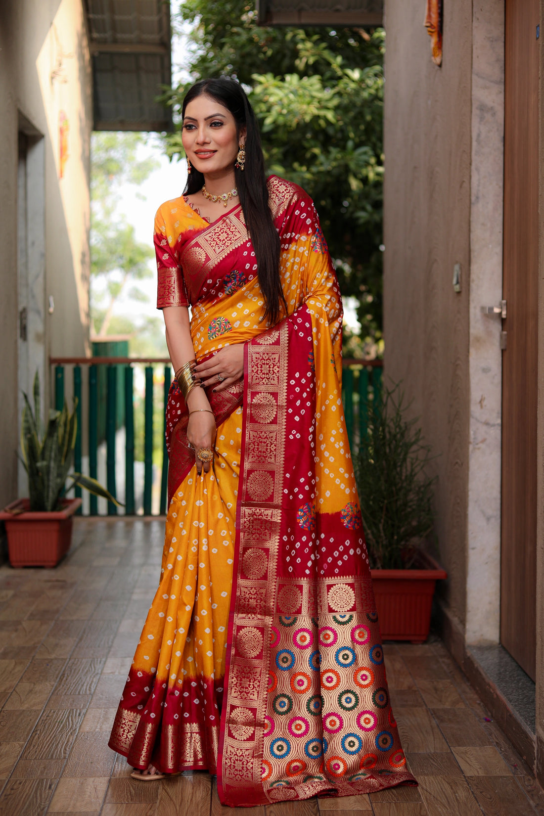 Rangriti Bandhej Yellow and Maroon