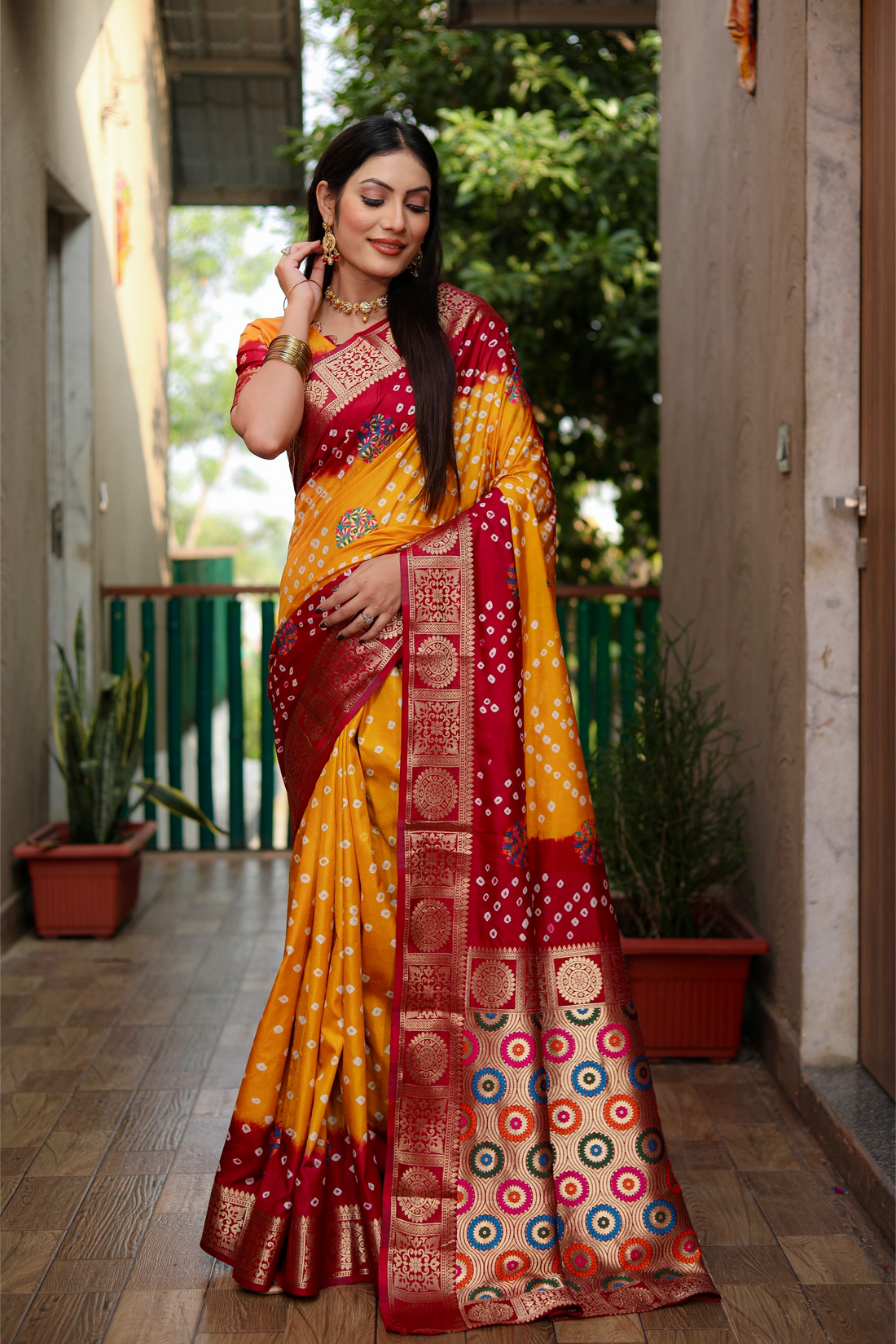 Rangriti Bandhej Yellow and Maroon