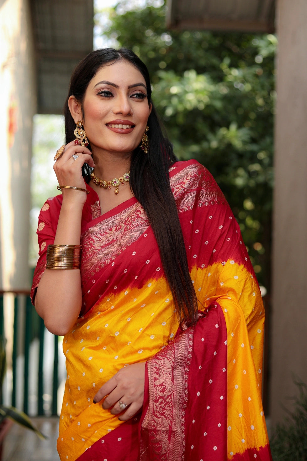 Meher Bandhej Yellow and Red