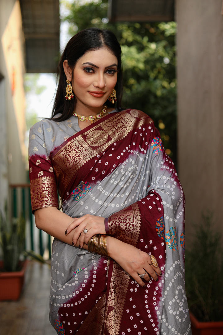 Rangriti Bandhej Maroon and Grey