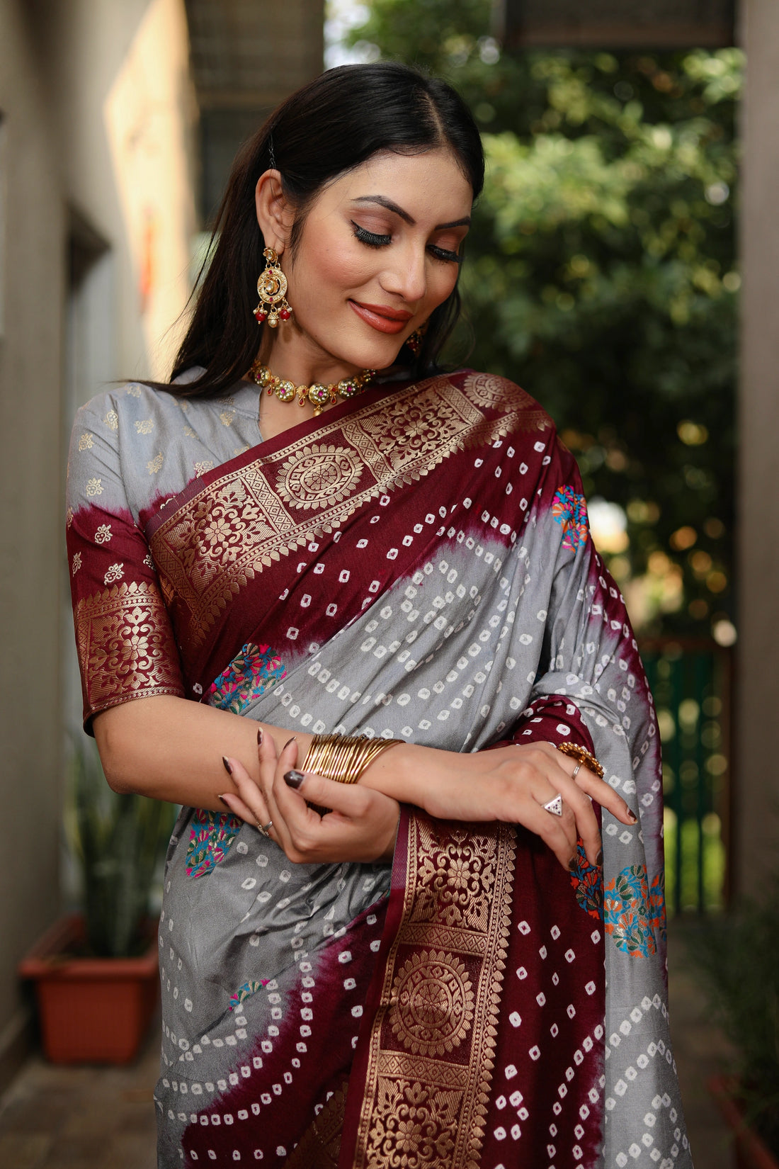 Rangriti Bandhej Maroon and Grey