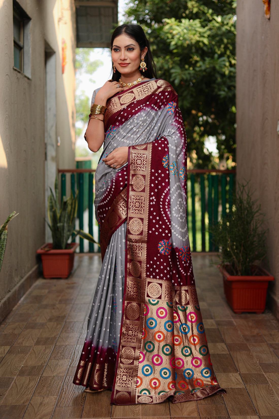 Rangriti Bandhej Maroon and Grey