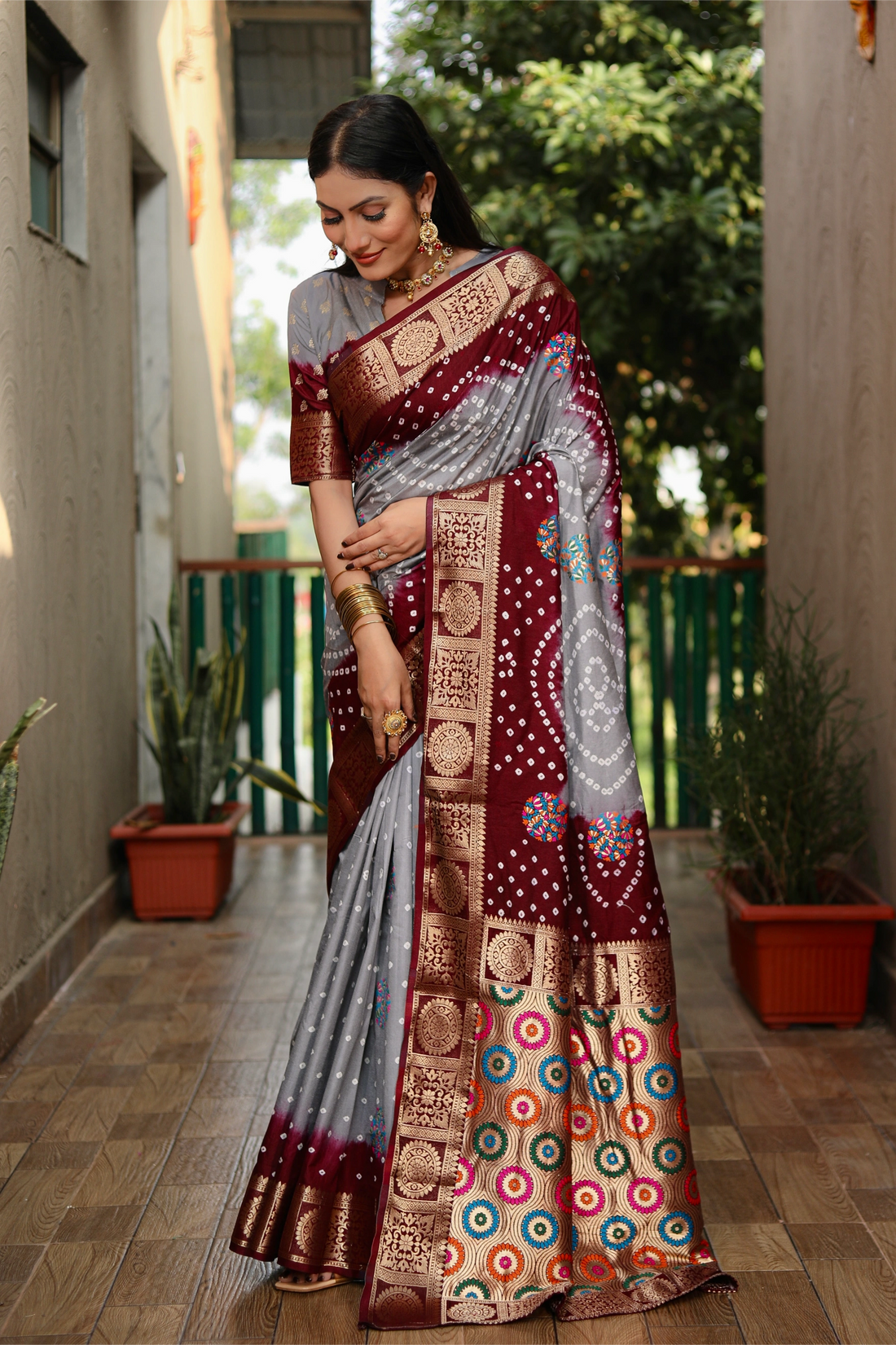 Rangriti Bandhej Maroon and Grey