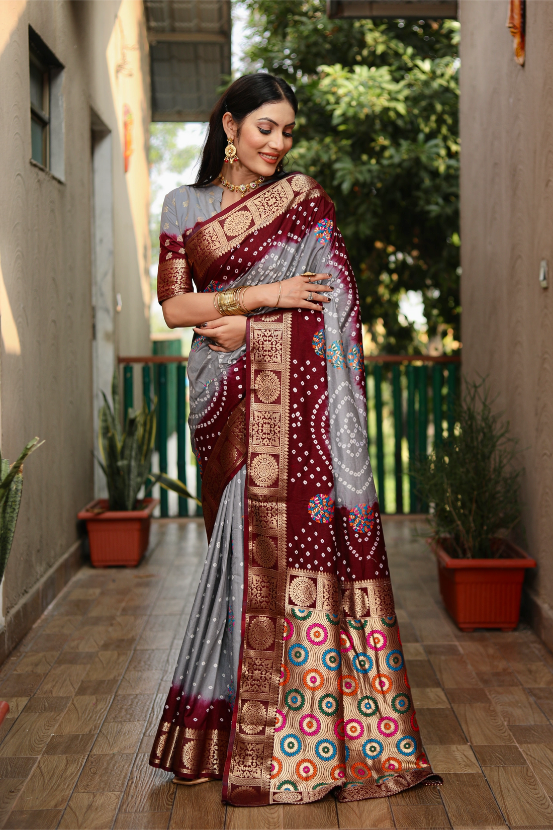 Rangriti Bandhej Maroon and Grey