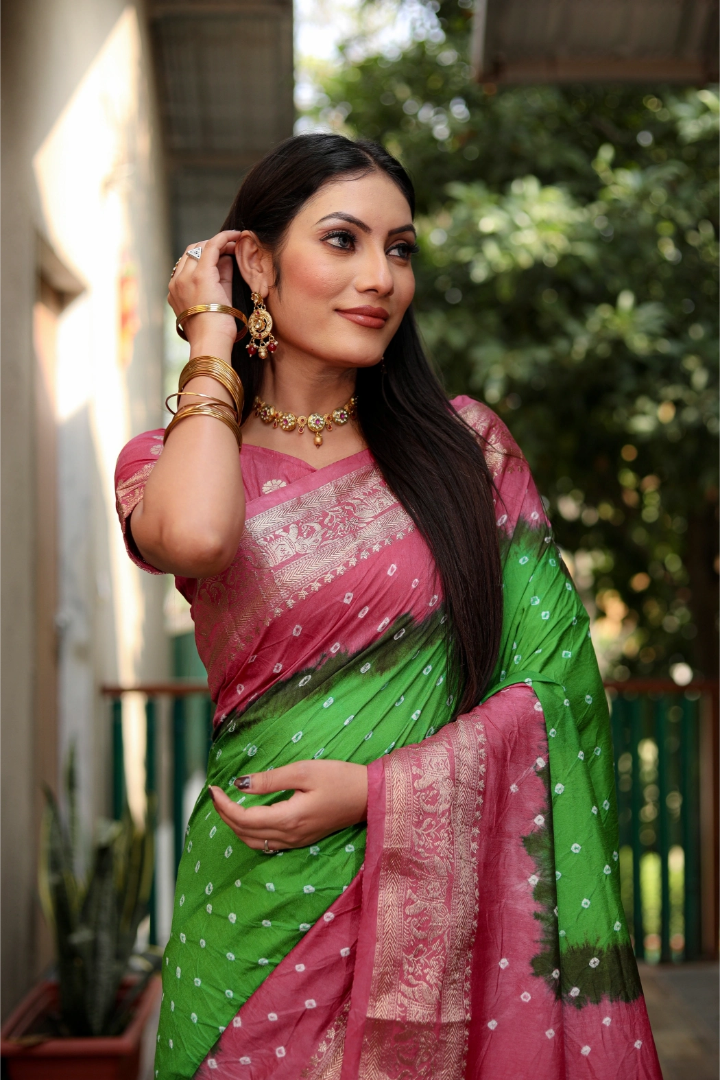 Meher Bandhej Green and Pink