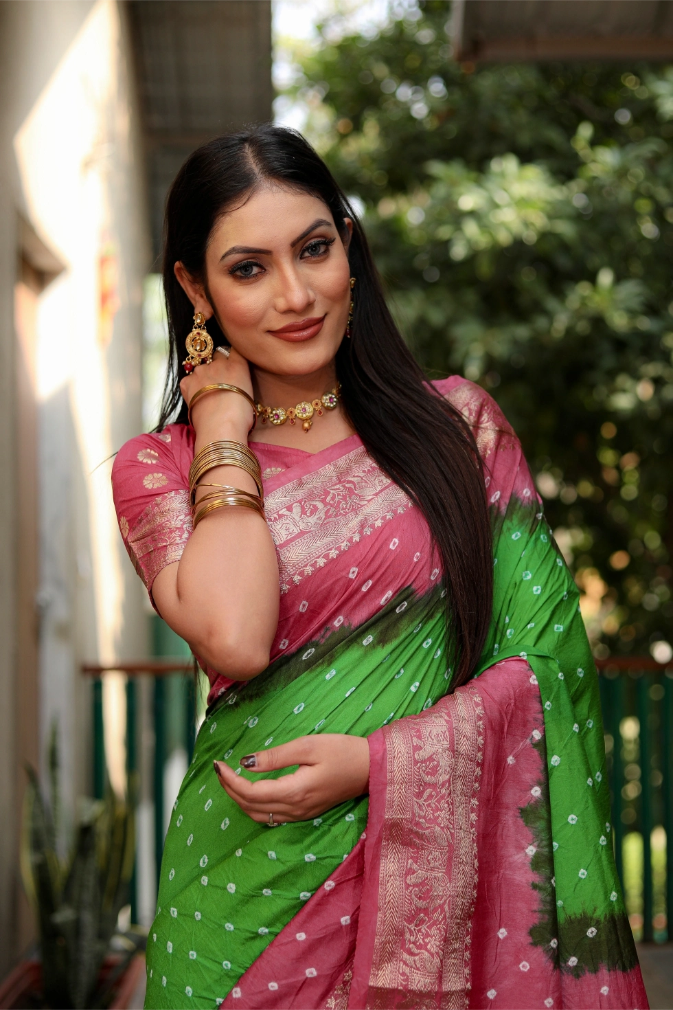 Meher Bandhej Green and Pink