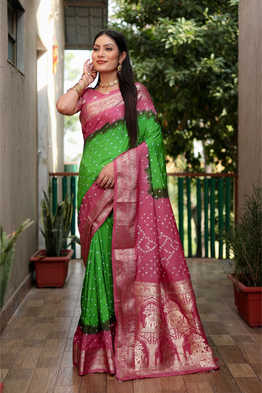 Meher Bandhej Green and Pink