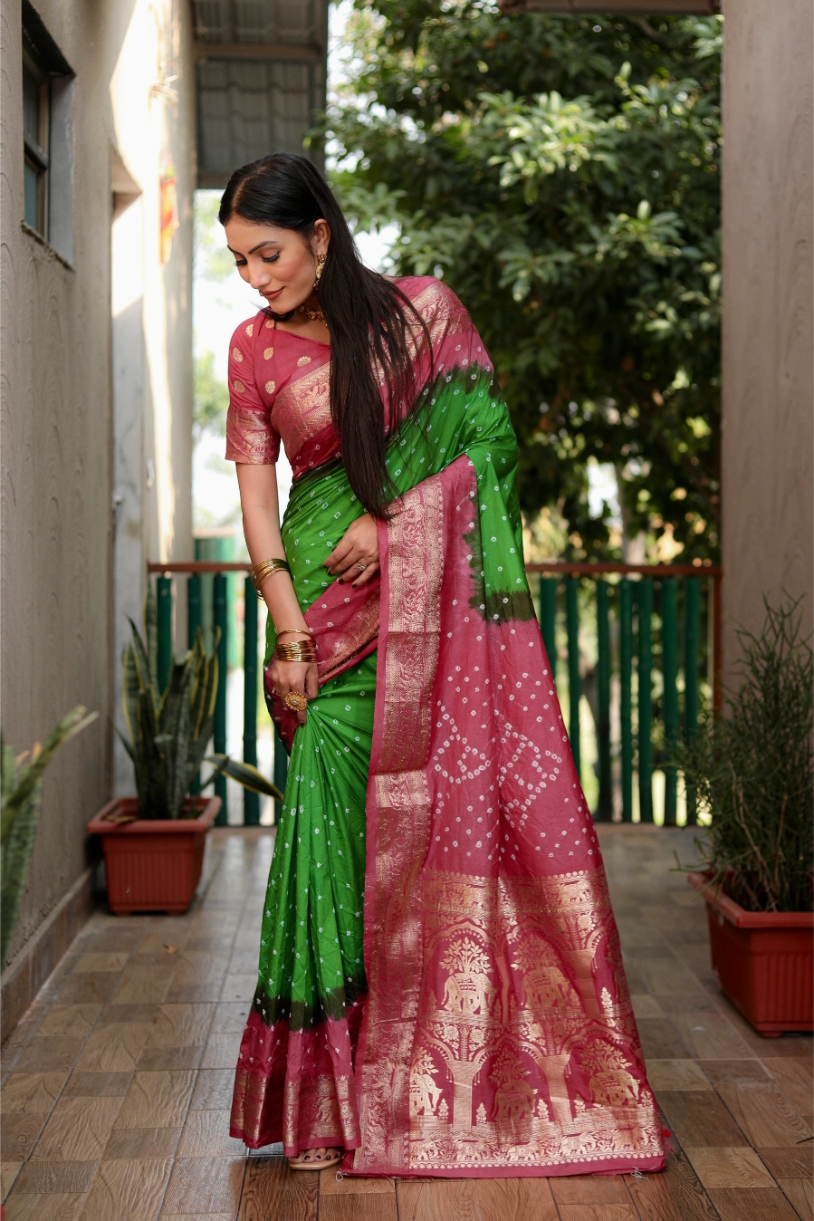 Meher Bandhej Green and Pink