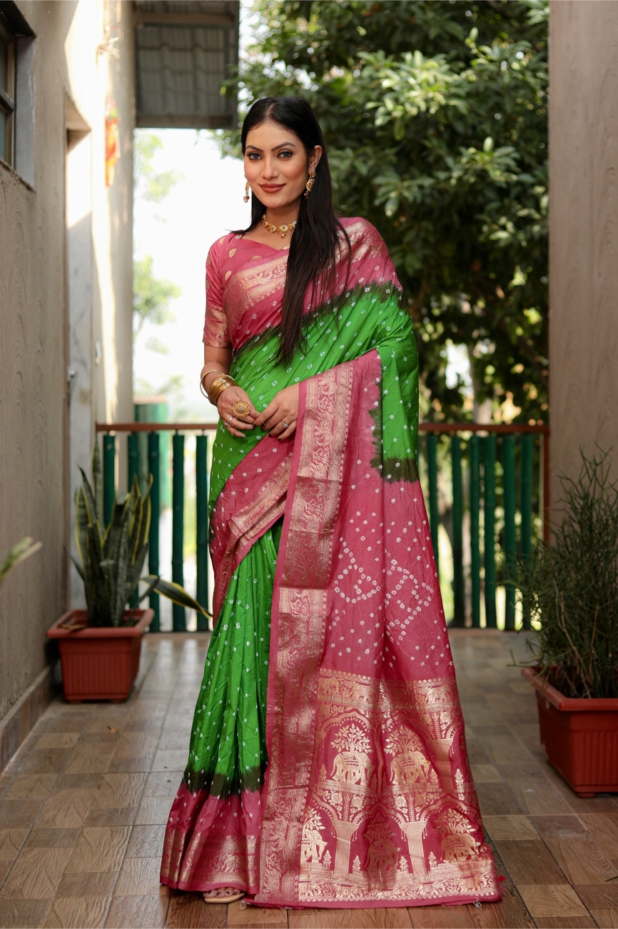 Meher Bandhej Green and Pink